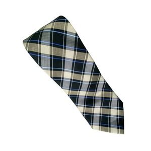 Chaps Mens Tie Black Tan Blue Plaid Silk Classic Preppy